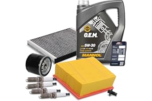 BESTPRICE Inspektionspaket Filterset mit 1x Innenraumfilter, 1x Luftfilter, 4x Zündkerze, 1x Motoröl 5W-30 5 l Kompatibel mit FORD B-MAX (JK) ECOSPORT, FIESTA 6 Mk6 (CB1, CCN) KA+ III (UK, TK, FK)