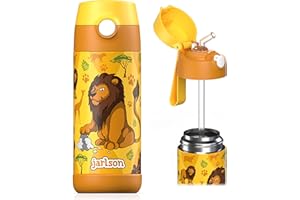 Jarlson - Gourde Enfant INOX - Bouteille Isotherme Enfant 350 ML - Gourdes sans BPA - avec de la Paille - pour l'école, Les Sports et la Maternelle (Lion 2, 350 ML)