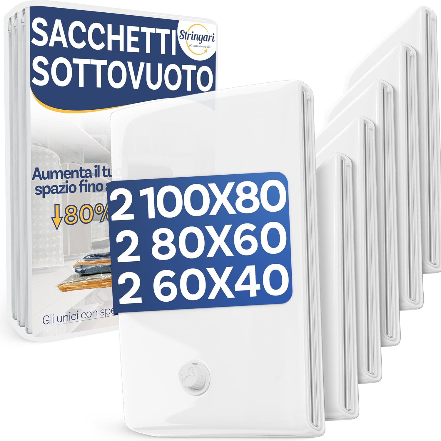 Stringari 6 Sacchi: 2 XL 100x80-2 L 80x60-2 S 60x40 - Sacchetti Sottovuoto Vestiti con Spessore 90 Micron - Buste di Qualità Superiore per Piumoni - Sacchi Salvaspazio per Armadi e Cambio Stagione