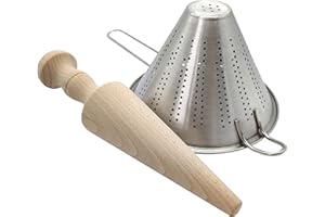GERILEO Set di Colino Cinese in Acciaio Inox e Pestello Cinese in Legno di Faggio - Utensili da Cucina - Purea, Kefir, Brodi, Salse, Creme, Purea di Verdure - Pasta Purè (Colino 14 cm + Mortaio 27 cm)