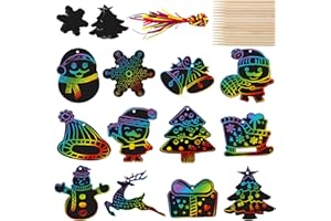 TENUEVO 48 Stück Weihnachten Kratzbilder Set für Kinder, Regenbogen Weihnachts Kratzpapier mit 12 Holzstäbchen und 48 Bunte Bänder, Regenbogen Scratch Art mädchen Geschenke für Weihnachten DIY Dekorationmit