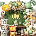 Safari 1st Birthday Decorations for Boys Girls, Wild One Birthday Decorations with Sage Green Balloon Arch Kit Balloon Boxes, Animal Jungle Theme First for Kids (Green)