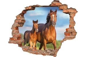 WALLSPIRIT Wandtattoo - Wanddurchbruch mit Aussicht auf Pferd mit Fohlen 90 x 74 cm - Wandsticker