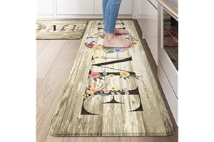 KIMODE Anti Fatigue Mats for Kitchen Floor,Farmhouse Floral Rugs Sets of 2,Cushioned Carpet Non Slip,Wide Memory Foam Runner for Bathroom Sink Laundry Office,Beige 20"x47"+20"x32"