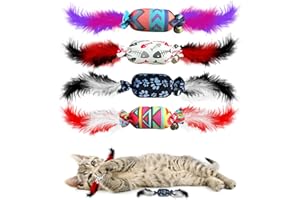 jiuhao Candy Feather Bell Cat Toys,Indoor Cat Toys 4-Pack with Feathers Jingle Toy Kitten Play Kick Bite Chew Interactive Boredom Toy