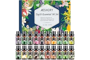 Aeshory Natural Essential Oils for Diffusers for Home, 20 x 10ml Aromatherapy Oil Set for Humidifier, Relaxing, Bath, Soap & Candle Making - Frankincense, Sandalwood, Geranium, Cinnamon, Vanilla