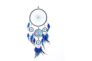 CraftBrain Blue Dream Catcher Embroidery Dog Feathers, Handmade Native American Dreamcatcher for Kids Bedroom Home Decor Bohemian Wall Hanging Ornaments Wedding Party Festival Gift Dia. 7.5inch