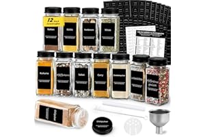 BASEOLA Gewürzgläser Eckig 12 Stk. Set, 120ml Schwarz Deckel Gewürzdosen, Spice Jars mit 512 Gewürzetiketten, Gewürzgläser mit Streueinsatz, Gewürzbehälter mit Stift & Trichter & Bürste, Schwarze Etikett