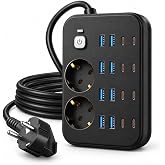 Babilden 2 Metre Termal Akım Korumalı 2'li Priz &Ccedil;oklayıcı, 8 USB 8 Type-C Girişli 16A 4000W İkili D&ouml;n&uuml;şt&uuml;r&uuml;c&uuml; Uzatma Kablosu 