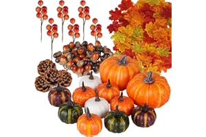 Ywlake 162 Pcs Autumn Artificial Maple Leaves, Harvest Pumpkins, Acorns, Pine Cones and Orange Berry Stems Set for Fall Thansgiving Halloween Holiday Party Decor Decoration