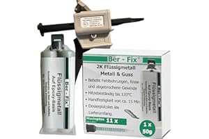 Ber-Fix 50g Flüssigmetall + Pistole + 10 Spitzen, hitzebeständig, 2 Komponenten Kleber, Metallkleber, Metallspachtel, 120°C