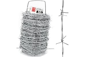 Filo spinato 50m Ø 1,5mm doppio intreccio per recinzione giardino, filo zincato forte per recinzioni anti intrusione balcone orto terrazza, di ferro contro ladri e piccioni, spine Lun Fix