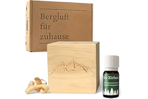GEBRÜDER HOLZ Alpen Zirben-Würfel Duft-Set | Zirbenholz-Würfel mit Motiv und Tropfstruktur + Zirben-Öl (10 ml) | Duftspender aus Holz (Berge)
