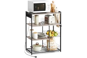 VASAGLE Estantería de Cocina con Enchufes, 2 Cestas de Malla, Estantería para Microondas, con Estantes y Ganchos, 35 x 80 x 93,5 cm, Estilo Industrial, Greige Mélange y Negro Tinta KKS196K02