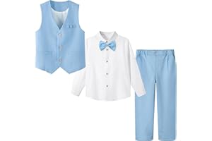 LOLANTA 4 Pièces Costume Garçon Mariage, Lin Gilet Pantalon Vetement Cérémonie Enfant, Tenue en Baptême, Fête d'anniversaire, Gilet+Pantalon+Chemise+Bowtie