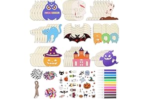 SUVEK 54 Stück Halloween Kinder Basteln Holz, Deko DIY Bastelset, Holzanhänger zum Bemalen, Kürbis Fledermaus Spukhaus Kreativsets Handwerk, Kunsthandwerk Herbstdeko für Mädchen Junge Halloween Party