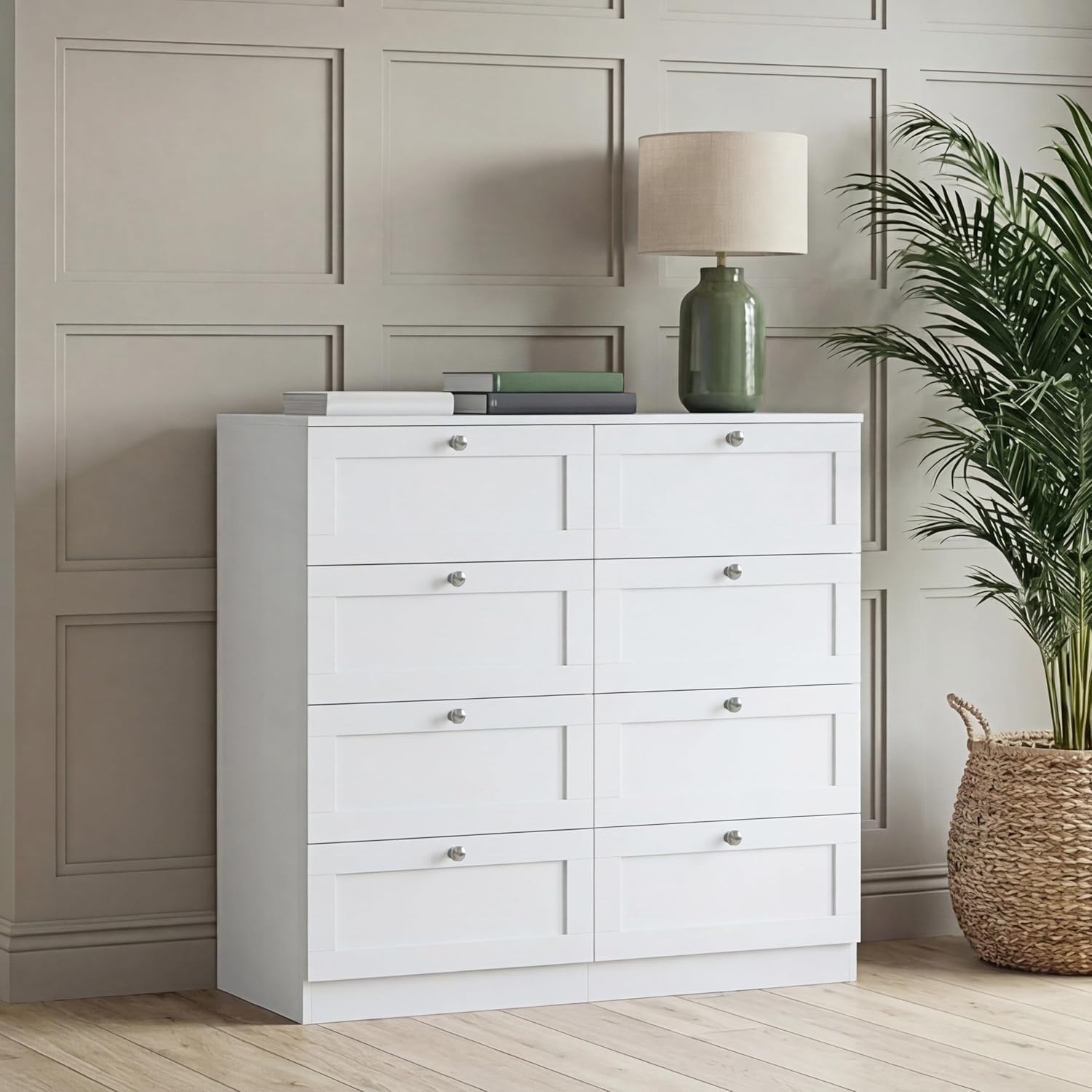 Vida Designs Altino 8 Drawer Chest of Drawers | White | H 99 x W 100 x D 36 cm | Wide Bedroom Storage Unit | Easy Assembly | Clothes Storage Cabinet | Modern Shaker Style Hallway or Guest Room