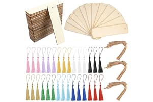 YMJD Kit de 90 pcs Marque-pages en Bois, 30 Marque-pages Vierges en Bois, 30 Pompons Multicolores et 30 Ficelle de Chanvre, 12 x 3,2 cm Marque-page bois Rectangulaire avec Pompons