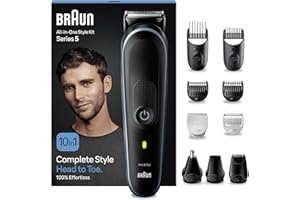 Braun 10-in-1 All-in-One Style Kit Series 5, Male Grooming Kit with Beard Trimmer, Hair Clippers, Nose Hair Trimmer for Men, Precision Trimmer, Gifts for Men, UK 2 Pin Plug, MGK5445, Black