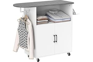 HOMCOM Mobile Asse da Stiro con Ruote a Freno e Portaferro da Stiro, Mobile da Stiro Multiuso con Barra Appendiabiti, Ripiano Aperto, Armadietto con Ripiano Regolabile, 125x43.5x102.5 cm, Bianco