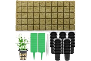 Windspeed 120Pcs Rockwool Planting Cubes Set 1 Inch, rock wool seed starter cubes Set for Rooting Starting Seeds Include 50P Rockwool Cubes 50P 1.5 In Hydroponics Basket 20 Plant Tags 1 Tweezers