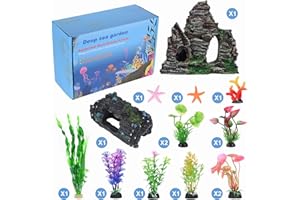 QZQ Aquarium Decorations Plastic Plants 14 PCS Fish Tank Plants Fish Tank Decorations Accessories Decor Set with Resinous Rockery Hideouts Coral Aquarium Plants and Resin Starfish