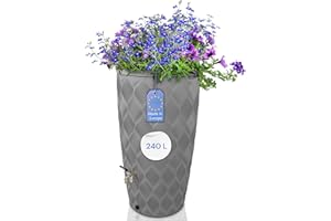 YourCasa Regentonne 240 Liter [Seabreeze] Regenfass Frostsicher aus Kunststoff mit Wasserhahn - Regenwassertonne - Wasserfass Regenwassertank Wassertonne für Garten (Grau Mit Wasserhahn)
