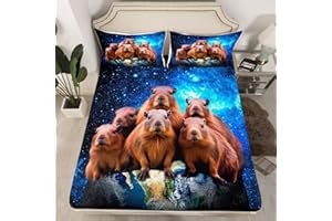 HOMEMISSING Funny Cute Capybara Bed Sheet Set Galaxy Capybaras Fitted Sheet Cartoon Capybara Bedding Set Kawaii Bedroom Decor Capybara Bed Cover With 2 Pillow Case Double