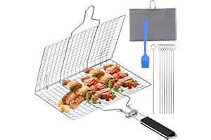 CAPRICIOUS Grille, Fish Griller, Stainless Steel Fish Tongs for Grilling, Grill Basket, BBQ Fish Roaster, manico in legno rimovibile con 8 skewers, Baking Brush, Bistecca Vegetables
