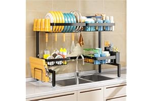 PurKeep Dish Drainer Rack - Over the Sink Dish Drying Rack with 4 Basket, 2-Tier Expandable (24.8 "-35.4") Kitchen Dish Rack with Metal Hook, Large Dish Drying Rack, Black