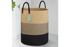 BOSROTY Large Blanket Basket, Tall Laundry Hamper 65L, Nursery Basket with Handles for Storage Toys Clothes Towels, Cotton Rope Woven Organiser, 40 x 50 CM, Brown & Black