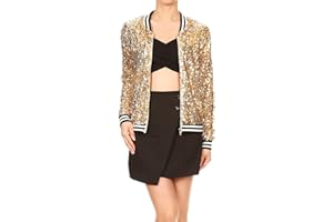 Anna-Kaci Womens Sequin Long Sleeve Front Zip Jacket with Ribbed Cuffs