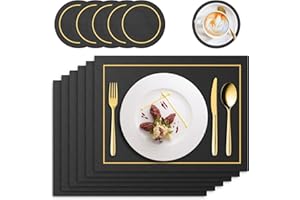 Placemats and Coasters Set of 6 Mivcinn Heat Insulation PU Leather Table Mats Black, Not Rolled, Kitchen Dining Place Mats for Home Restaurant Hotel