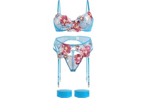 Aranmei Zestaw bielizny dla kobiet, 4-częściowy zestaw bielizny z kwiatowym haftem, koronką, prześwitującym biustonoszem z fiszbinami i stringami na udach z paskiem do pończoch, zestaw bielizny