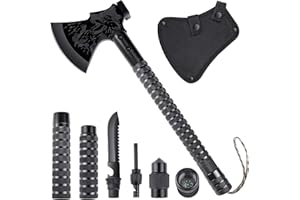 Japaknives Survival Axe 10 in 1, Splitting Axe for Wood, Sharpness Camping Hatchet Multitool Camping Axes with Outdoor Knife and Compass, Hand Hatchet with Gift Box, Black Axes Set for Camping,