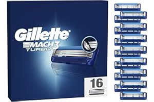 Gillette Lot De 16 Recharges De Rasoir Pour Homme Mach3 Turbo, AUTHENTIQUES, Cartouche Avec Bande Lubrifiante Pour Une Glisse Fluide, NOUVEAU Revêtement De Lame Pour Réduire La Pression Sur La Peau