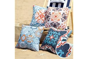 Phantoscope Set of 4 Outdoor Waterproof Throw Decorative Pillow Cover Geometric Boho Farmhouse Pillows Cushion Case for Patio Furnitures Tent Sunbrella, Blue and Orange 18x18 Inches