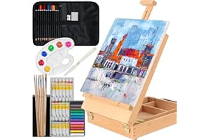 Kuyal Wood Box Easel Artists Painting Set with 18 Acrylic Oil Paint Colors, 12 Color Pencil, 6 Artist Brushes, 1 Stretched Canvas, 12 Soft Pastels, Art Table Easel with Supplies