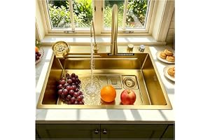 OMGMTSTORE 65 x 50 cm vattenfall diskbänk guld diskbänk stor 1 hink diskbänk vattenfall diskbänk med utdragbar kran, tvåldispenser, koppsköljning