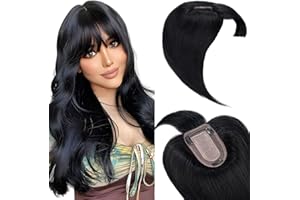Elailite Lace Hair Topper Donna con Frangia Extension Capelli Veri Clip 38g 30cm Toupee Toupet Silk Base 7cm*13cm 100% Remy Human Hair 150% Density - 1# Jet Nero