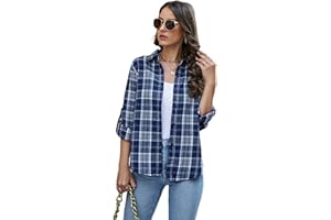 Famrrifuu Donna Classico Bluse e Camicie Quadri Flanella Camicetta Manica Lunga Casual Cotone Shirts Vintage