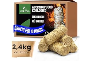 LERAVA Accendifuoco Ecologico (ca. 200pz) - Fire Starter Naturale con Fiamma Forte - Accendi Carbonella Barbecue, Camino & Stufa - FSC Certificato - Accendi Fuoco Sicuro & Lunga Durata - 2,4kg