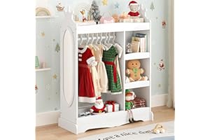 LUE BONA Kindergarderobe,Kinderkleiderschrank mit Spiegel und Kleiderstange,Kindergarderobe mit 3 Haken und 3 offener Ablagen,Kinder Kleiderschrank aus Holz für Kinderzimmer,85 x 34 x 112 cm,Weiß