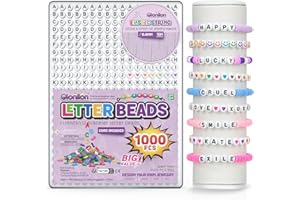 GIONLION 1000Pcs Letter Beads White, Round Alphabet Bead Friendship Bracelet Making Kit with Elastic String in Box, Colorful Smile Heart Preppy Beads for Jewelry Making, DIY Gift for Girls