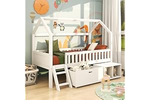 ‎FEZTOY FEZTOY Hausbett Kinderbett Jugendbett 200x90 Mit Schubladen und Ablagefächern, Spielbett für Jungen und Mädchen, Baumhausbett mit Anti-Drop-Geländer