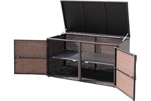 KOMFOTTEU Coffre de Rangement en Rotin avec Double Portes et Couvercle, Armoire de Jardin à 2 Étages, Boîte de Rangement,115 x 60 x 65 cm (L x l x H), Marron