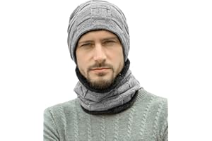 GENERIC Mens Winter Beanie Hats Scarf Set Warm Knit Hats Skull Cap Neck Warmer with Thick Fleece Lined Winter Hat & Scarf for Unisex Gift