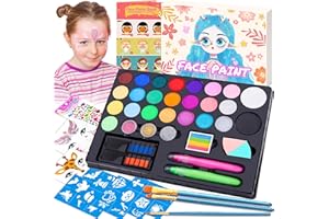 Chennyfun Colori Trucco Viso Bambini, 24 Colori Body Paint Tavolozza con Disegni Libro di Insegnamento, Split Cake Face Paint, 3 Glitters, 3 Pennelli - Kit Halloween Trucco Carnevale Pasquale