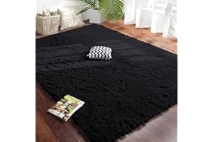 Hafaa Rugs Living Room Large 200x290 CM – Fluffy Black Area Rugs for Bedroom, Hallway, Lounge – Modern Super Soft Thick Pile Non Slip Non-Shedding Shaggy Rug