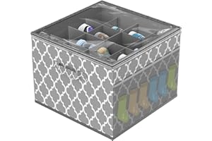 Aolawco Upgraded Shoe Storage Box, 16 Grid Adjustable Shoe Storage Organiser for Closet, 44x44x31cm Large Capacity Wardrobe Shoe Storage with Clear Dust Cover and 2 Mesh Storage Pockets-Grey